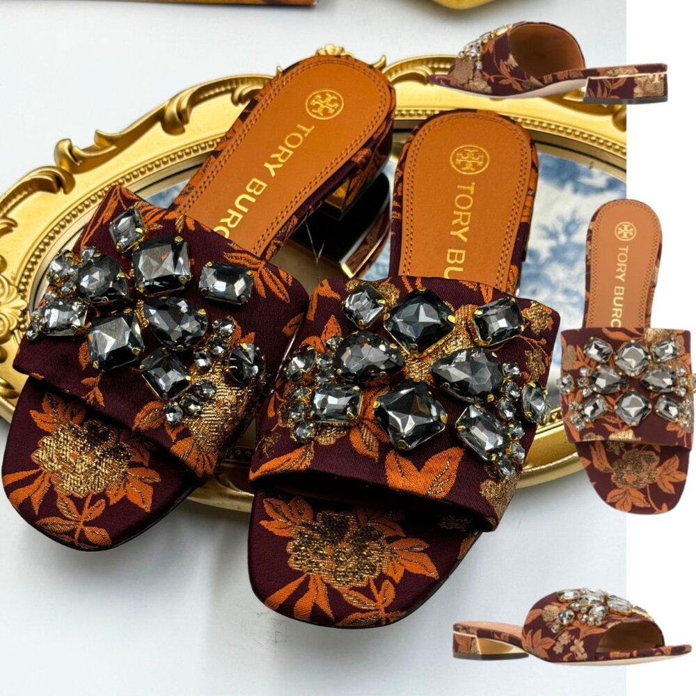🆕 TORY BURCH 🧿 NWOT Martine 25mm Slide, Burgundy & Gold Jacquard, Sz 7